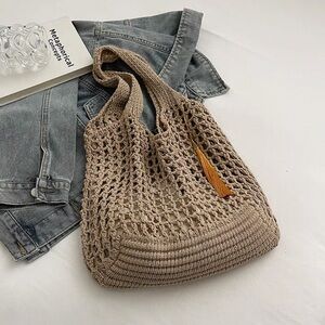 New Trendy Crochet Bag Knit Shoulder Bag – Khaki Beige Boho Style